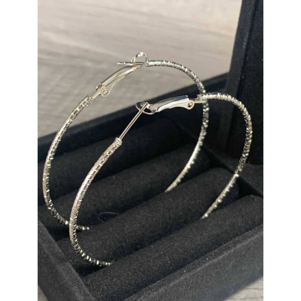 Silver Tone Textured Diamond Cut Large Hoop Earrings 2.5 Inch Latch Back